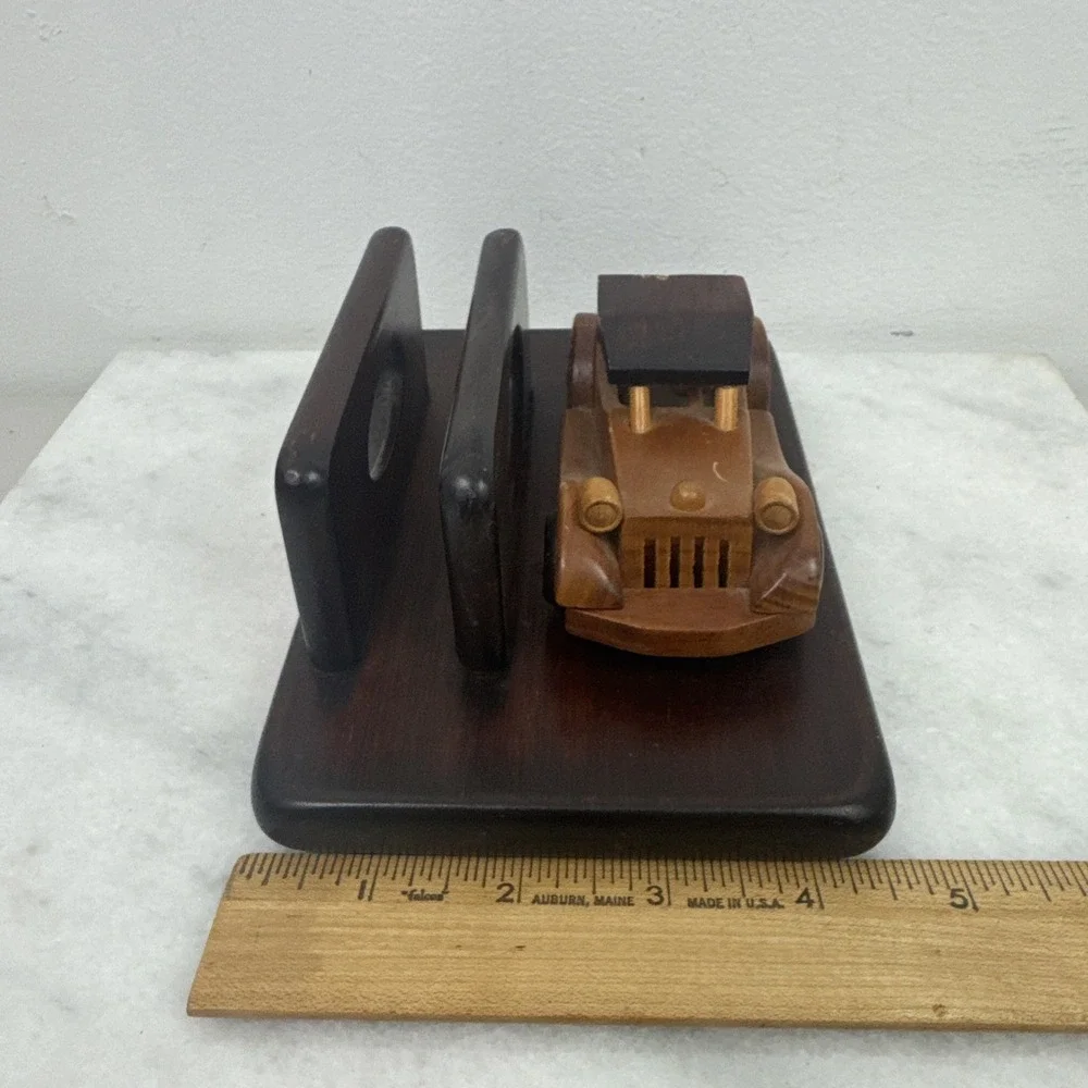 VTG Mens Valet Wood Desk Organizer Letter Holder w/Attached Wooden Antique Car